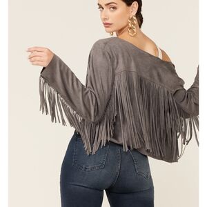 ⭐ Vocal 💫 Women's Fringe Suede Jacket – Charcoal (Small) ⭐